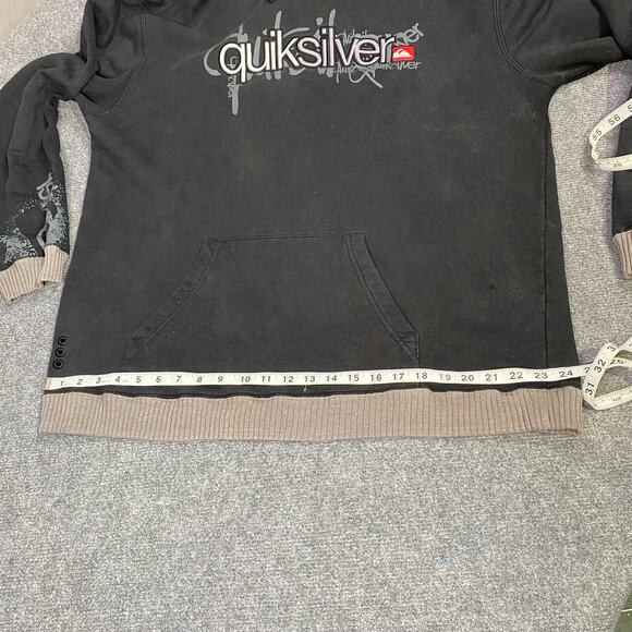 Quicksilver Hoodie Men’s Large Logo Graffiti Ribbed Casual Skater Black Grey - Picture 10 of 13